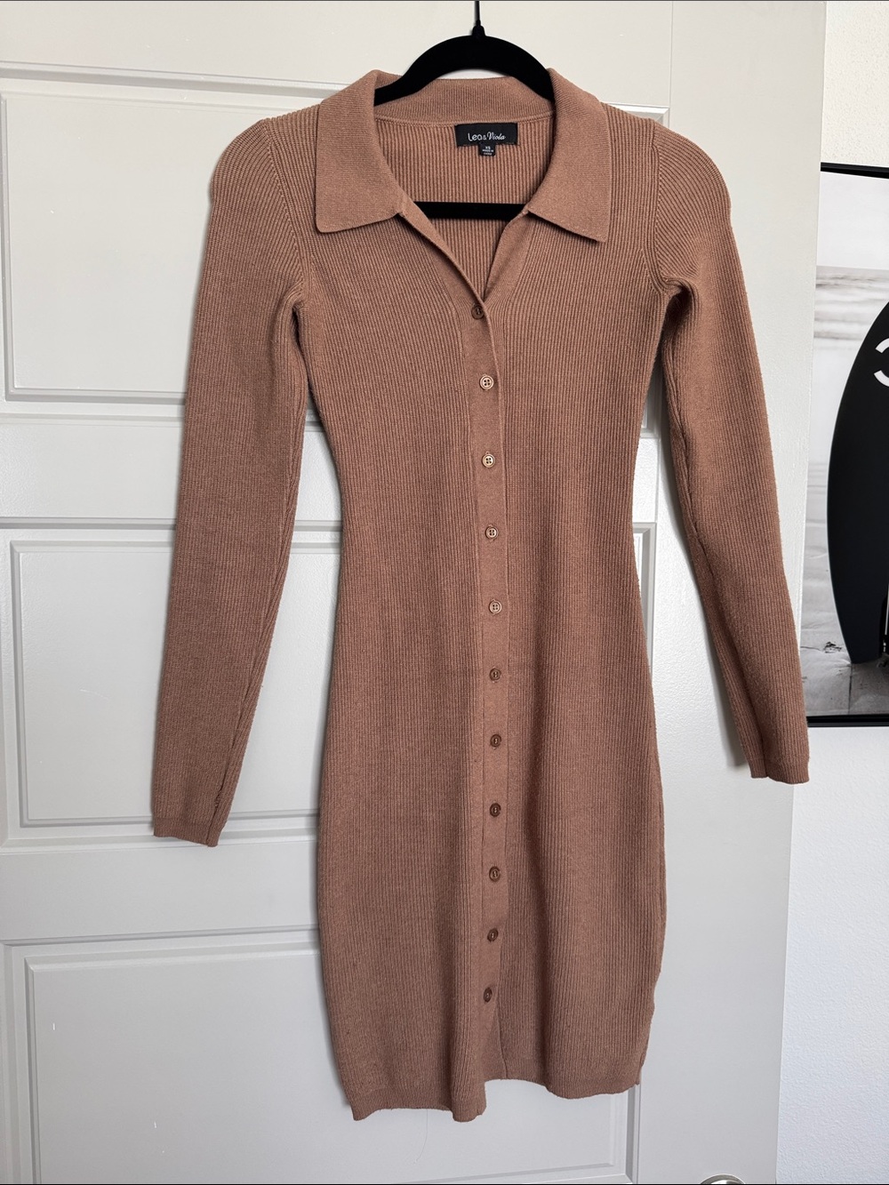 Lea & Viola Ribbed Button-Front Long-Sleeve Dress in Taupe Brown, XS